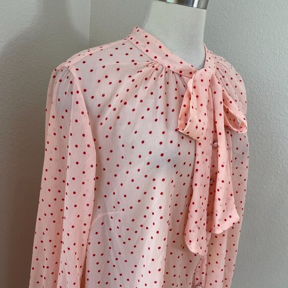Torrid Womens Plus 2X Pink Polka Dot Tie Neck Blouse Long Sleeve Shirt Top - Picture 2 of 10